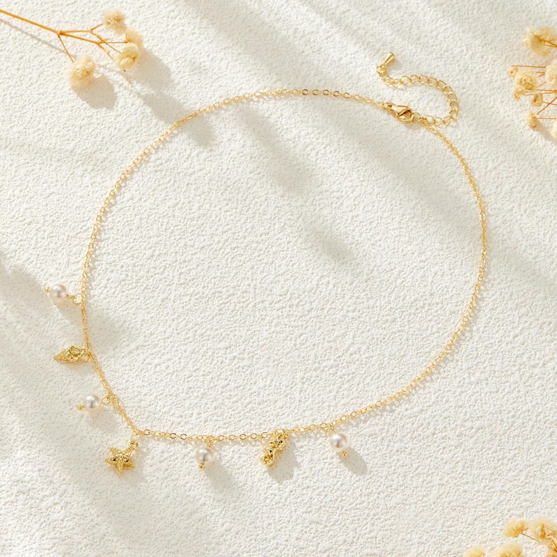 Sanyaa Seashell Starfish Necklace for Women Conch Shell Summer Pearl Beach 14k Gold Layered Dainty Choker - Image 3